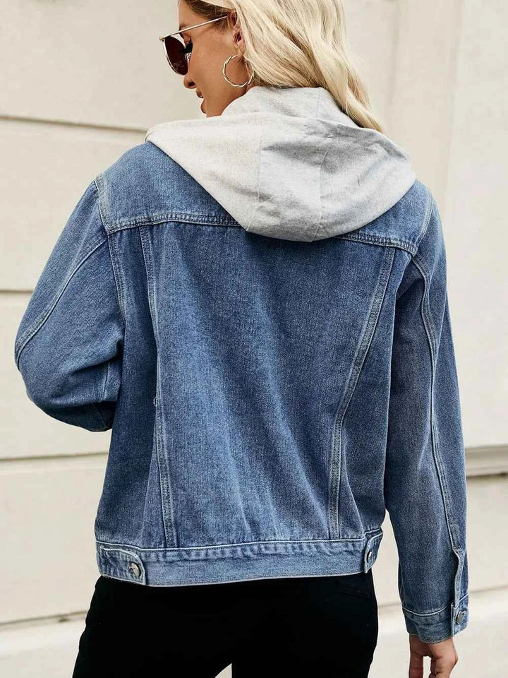 Woman’s Drawstring Hooded Button-Up Denim Jacket