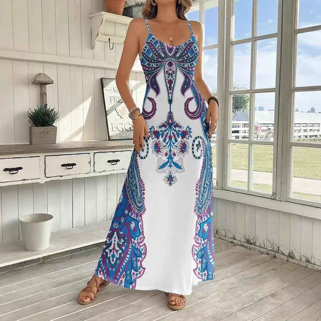 V-neck sleeveless dress – front view on model, artistic retro print on white, long skirt, mid waist fit