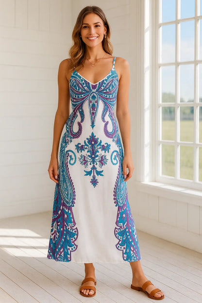 V-neck sleeveless dress – motion shot while walking, breezy drape and effortless warm-weather feel