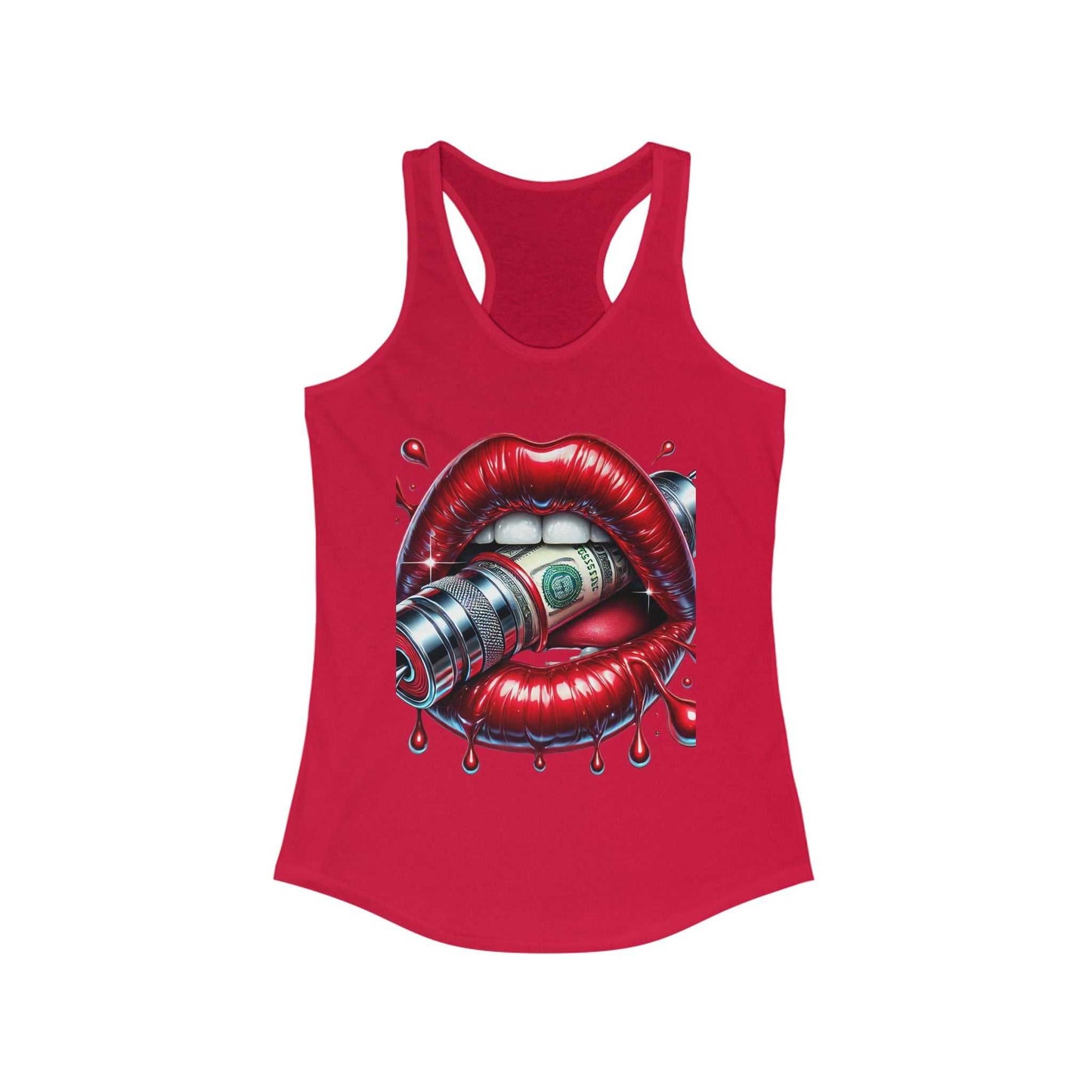 Red women's racerback tank top with bold lips graphic