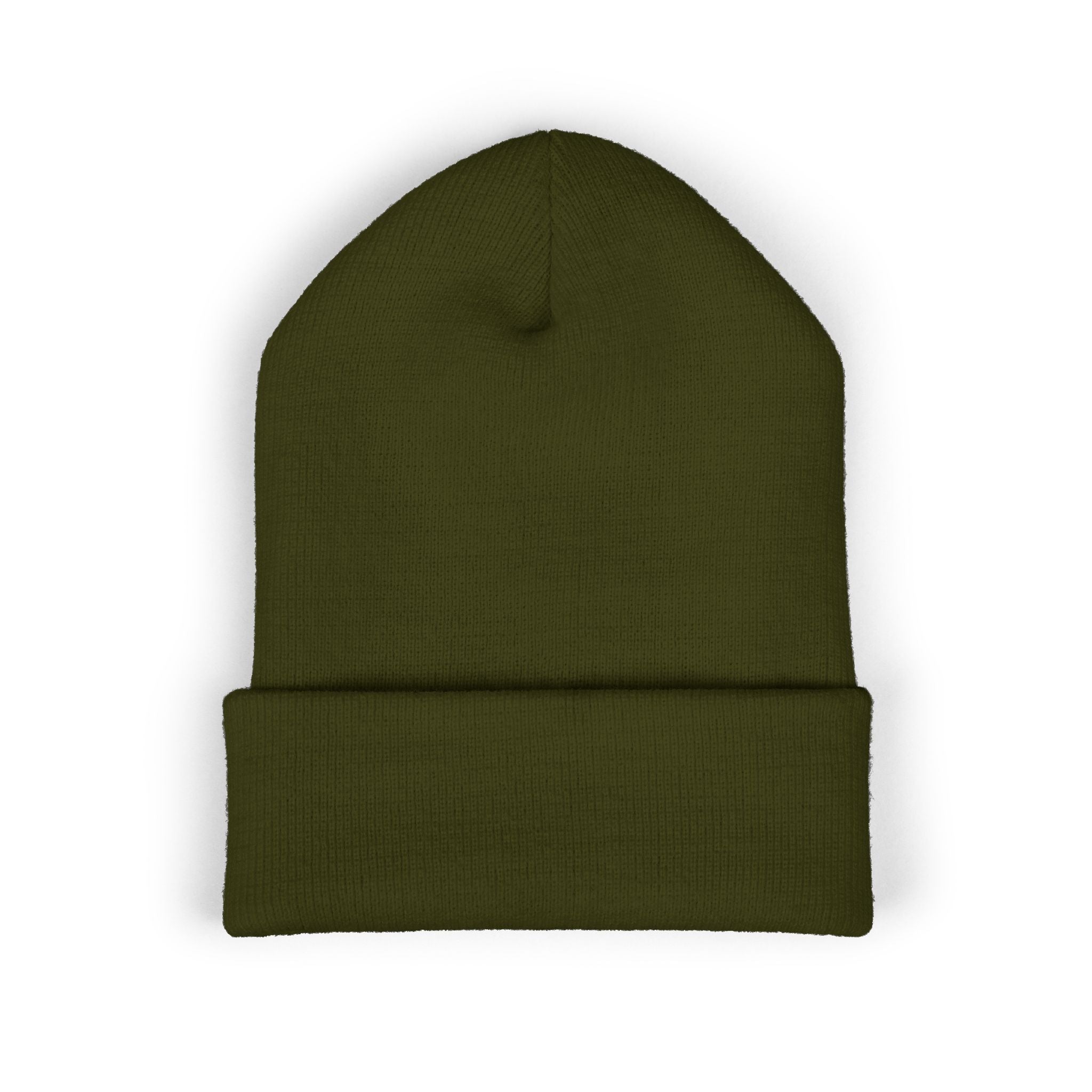 Folded embroidered beanie presented as a winter gift idea

