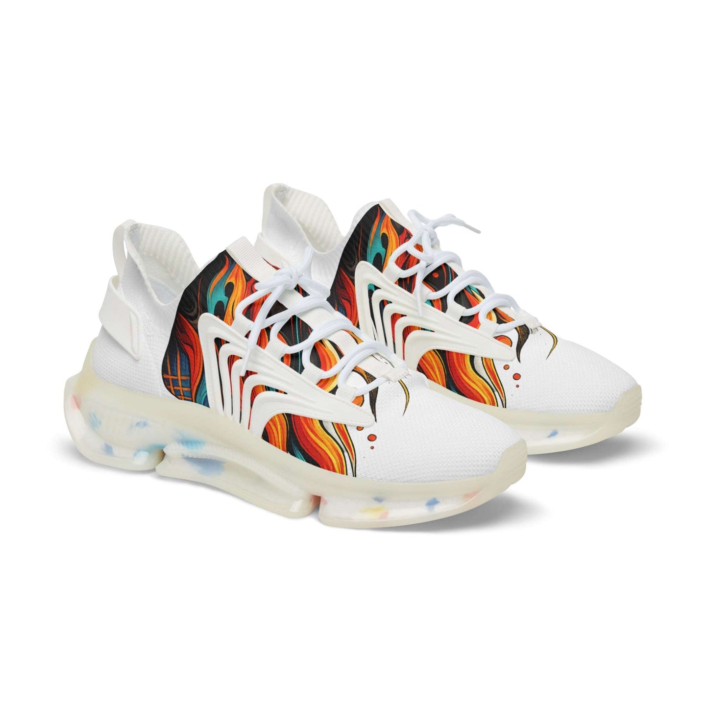 Men's white mesh sneakers with vibrant flame print