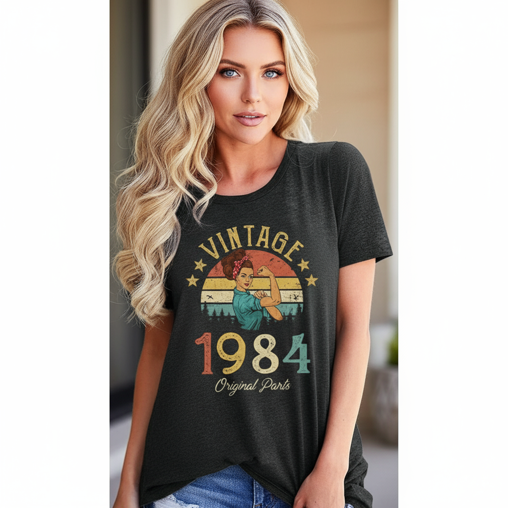 Vintage 1984 women’s top – dark gray front view party styling