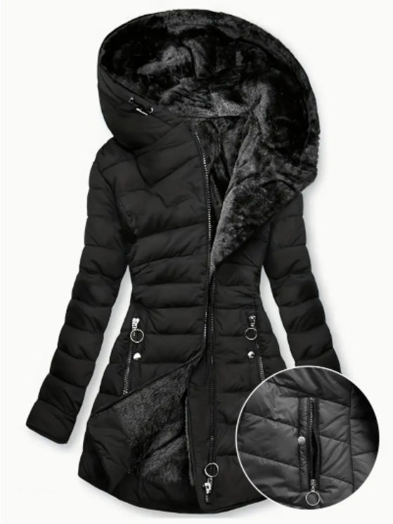 Warm zip-up coat paired with leggings for a winter-ready outfit.

