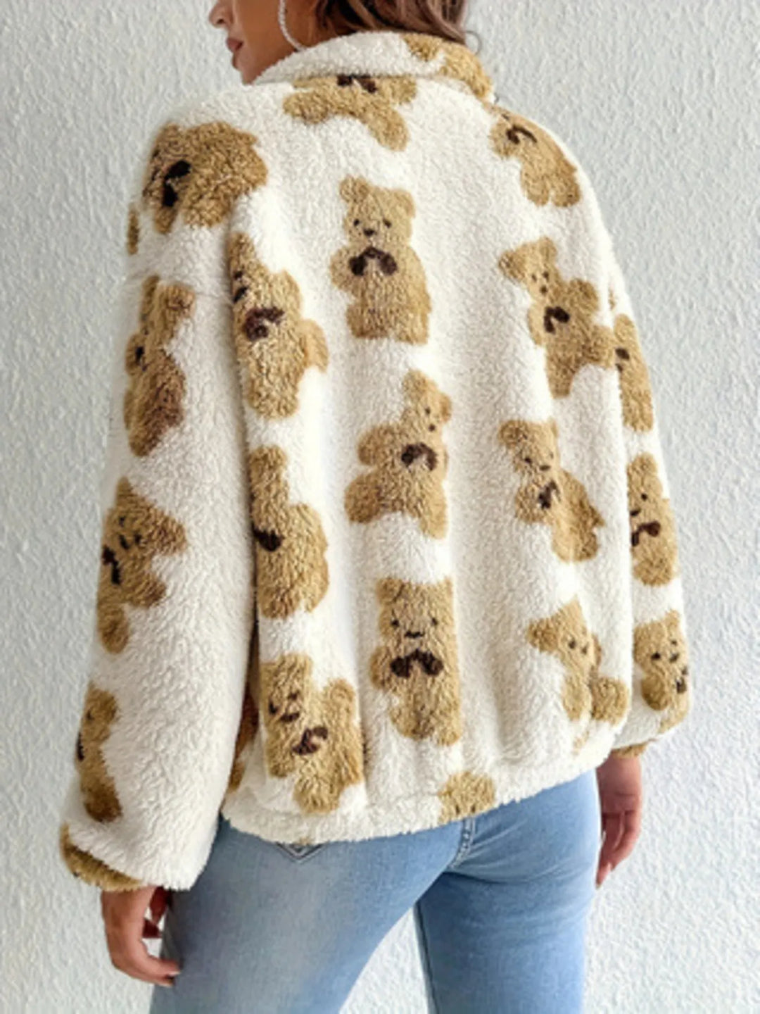 Weekend hike look – bear print fleece jacket layered over leggings
