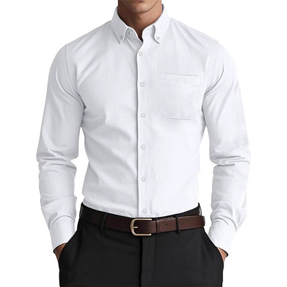 White Men's Pure Color Oxford Shirt - Casual Loose Fit with Linen-Cotton Durability
