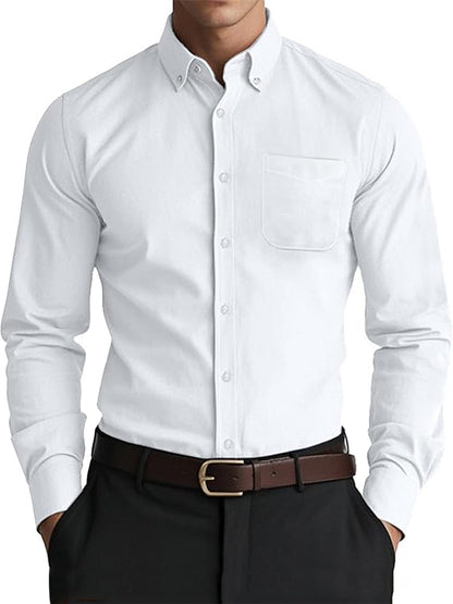 White Solid Color Men's Oxford Shirt - Loose Fit Breathable Blend for Work