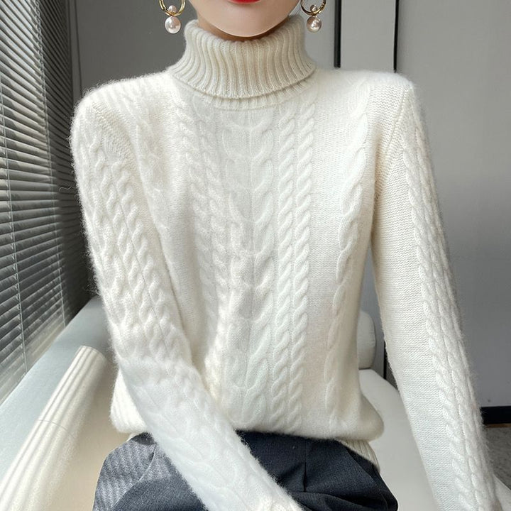 White slim women’s turtleneck cable-knit sweater, cozy winter knit