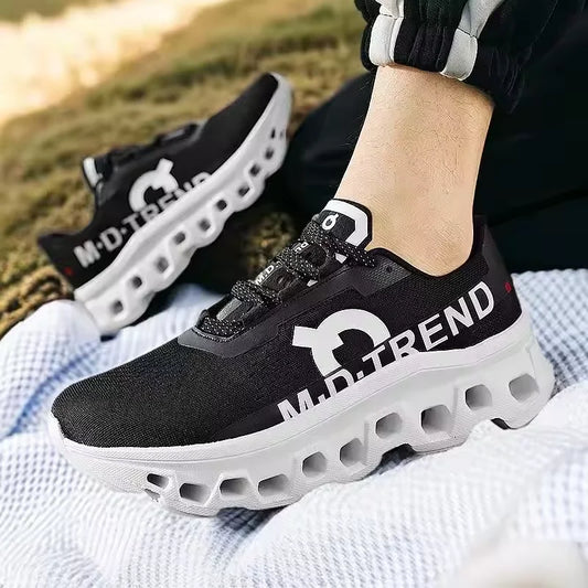 White sneakers on rooftop sunset run, cloud cushioning