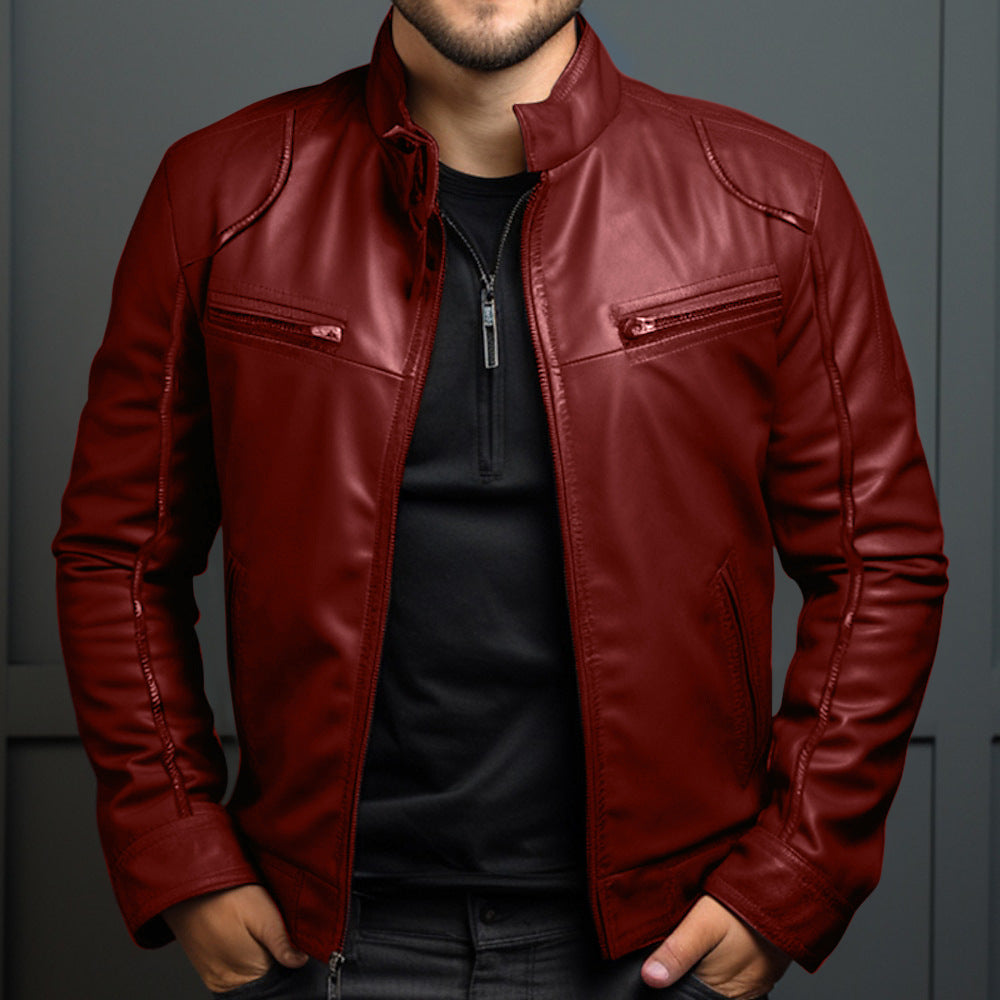 Wine red men’s motorcycle leather jacket – modern slim silhouette