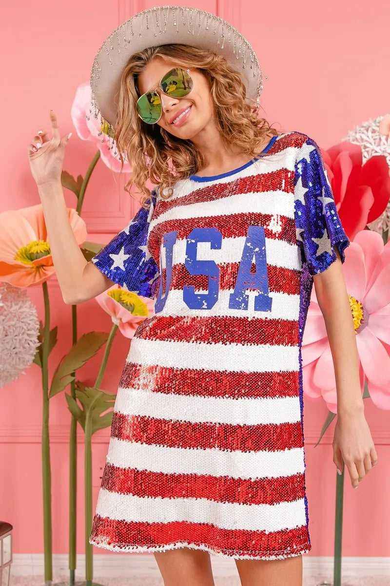 USA Flag Sequin Dress - Patriotic Sparkle for July 4th