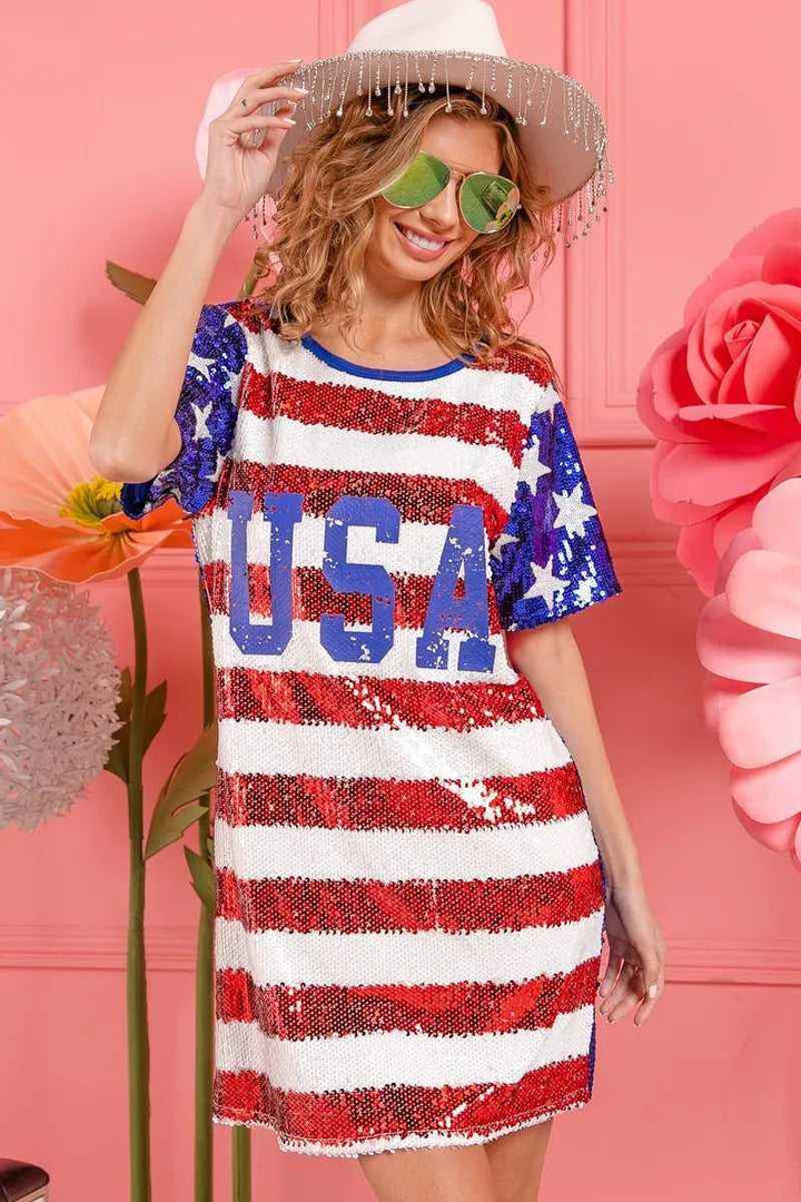 USA Flag Sequin Dress - Patriotic Sparkle for July 4th