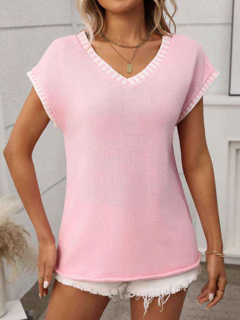 Contrast Trim V-Neck Knit Top for Women