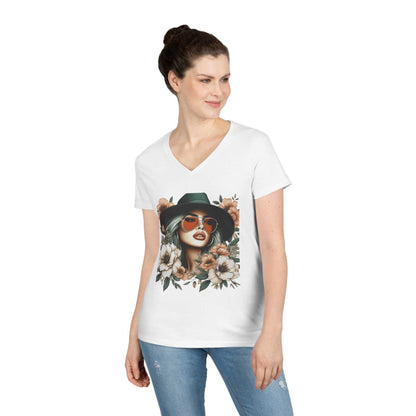 White women's V-neck t-shirt with floral graphic