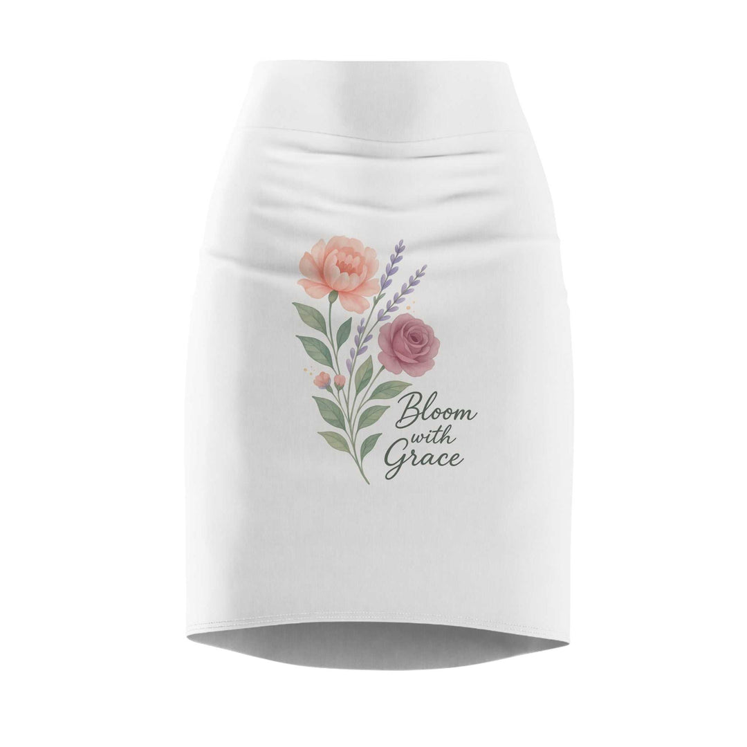 White pencil skirt with floral print and text design