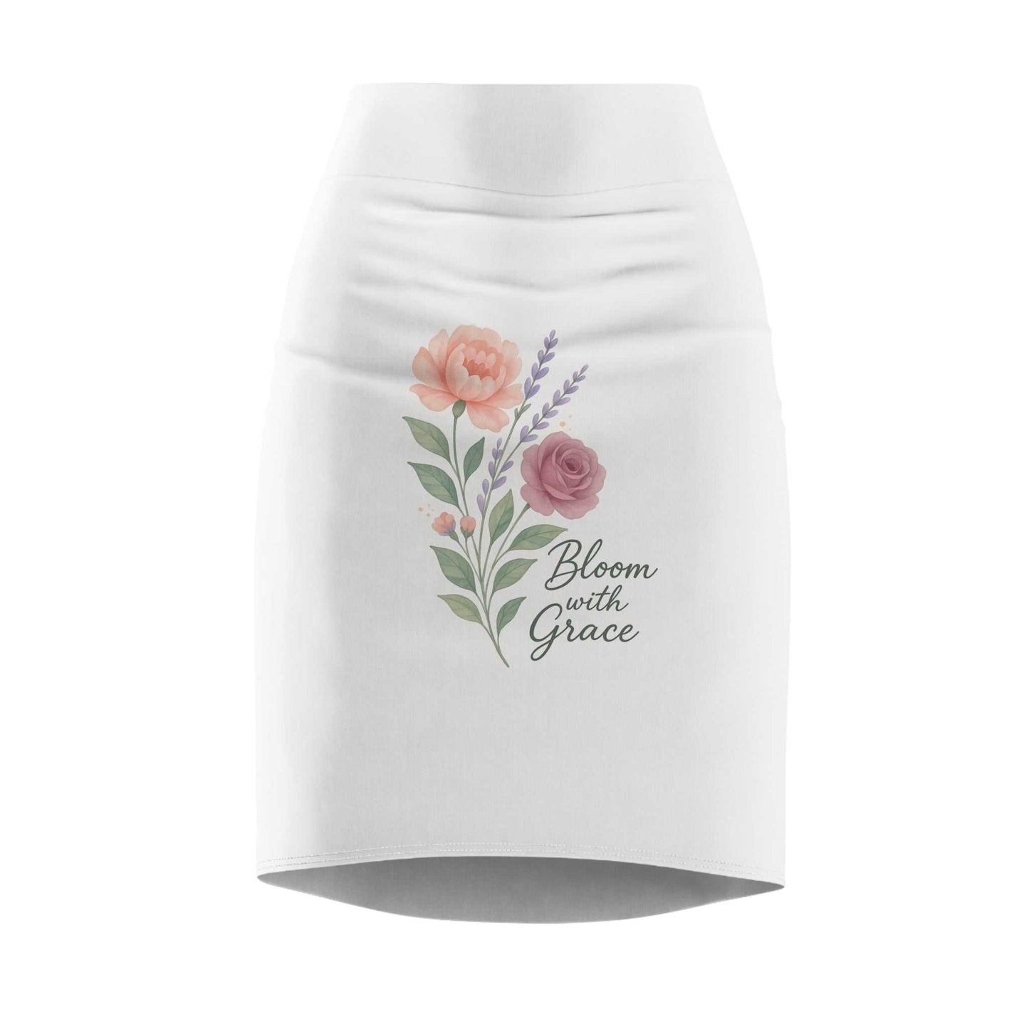 White pencil skirt with floral print and text design