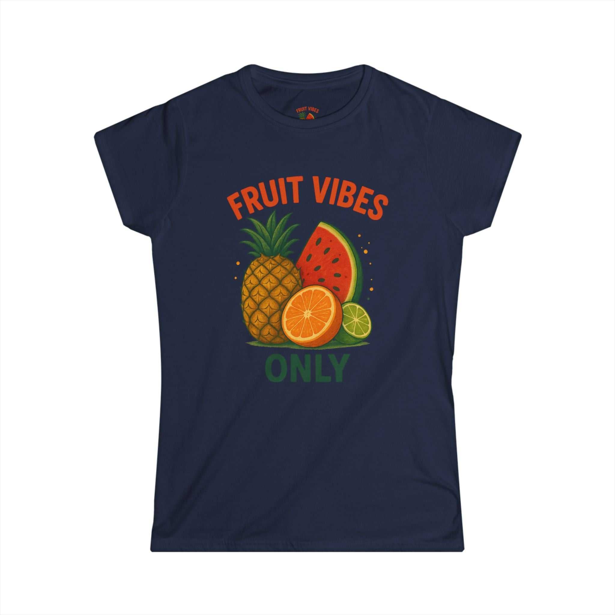 Woman wearing Fruit Vibes Tee on the beach – tropical fruit graphic shirt


