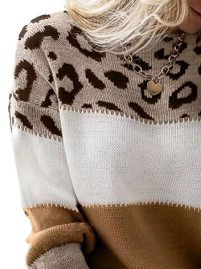 Woman layering leopard knit over white tee