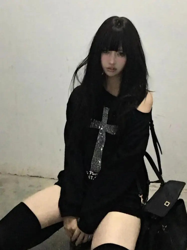 Women's Black Graphic One-Shoulder Pullover – Y2K Grunge Edge from Seeslim's Bold Drop 