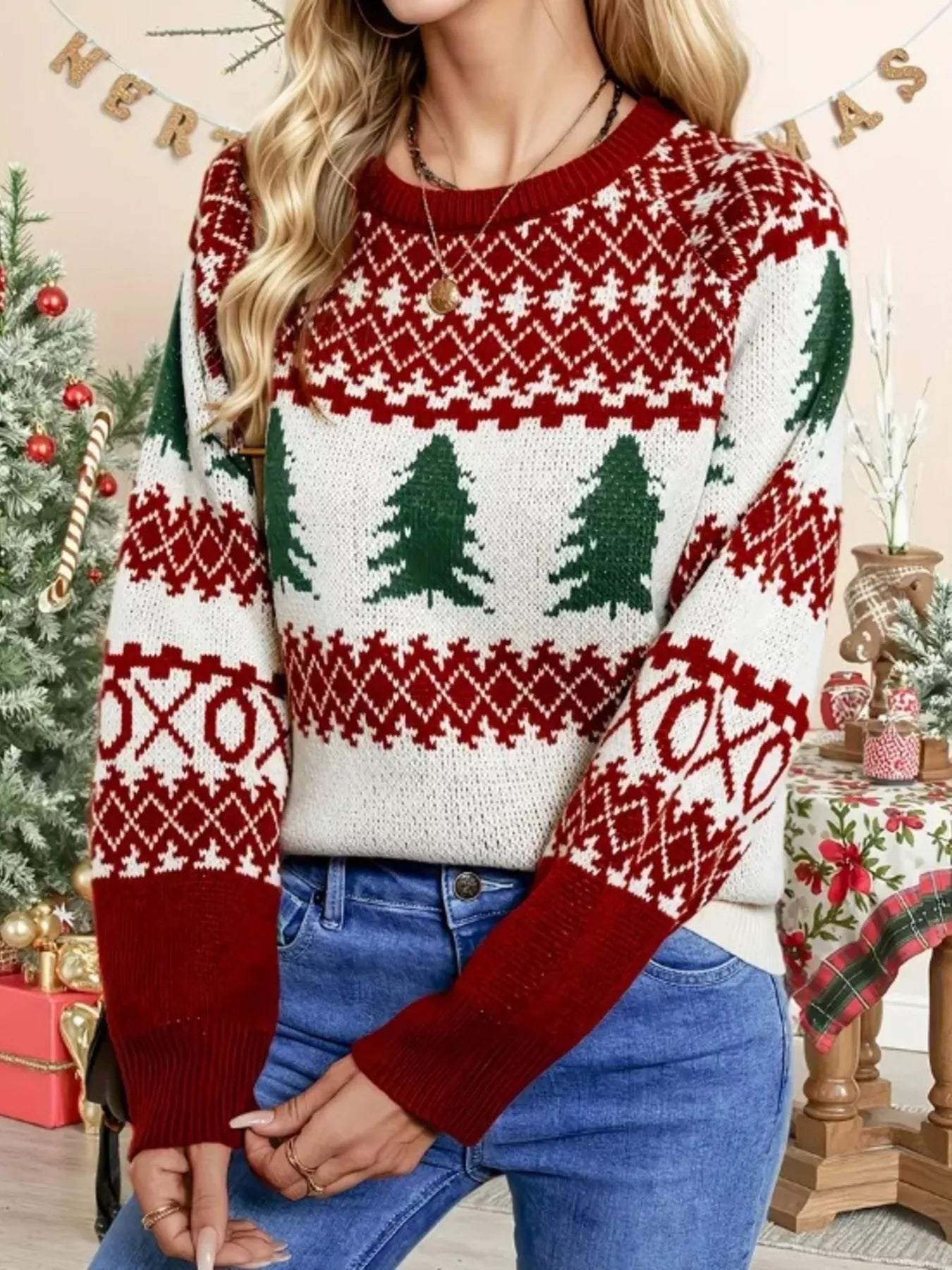 Women's Christmas Tree Pattern Sweater – Soft Acrylic Blend Perfect for Holiday Parties