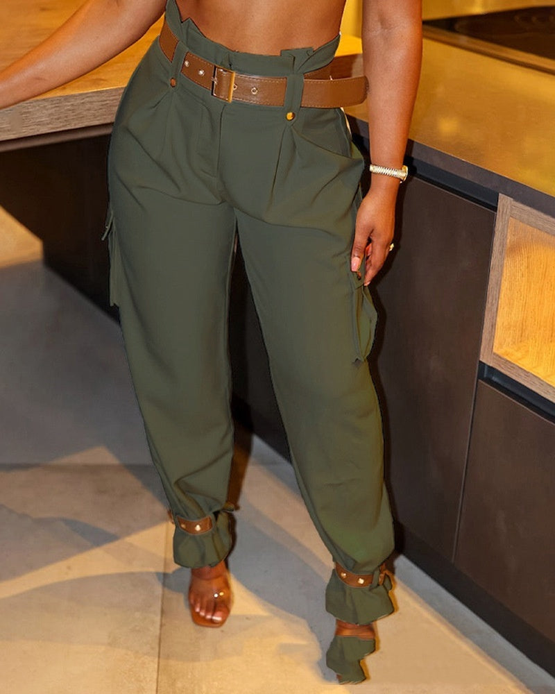 Women's Contrast Color Belt Trousers – Army green outfit idea