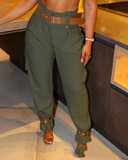 Women's Contrast Color Belt Trousers – Army green outfit idea
