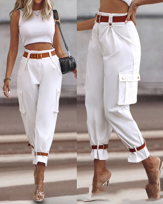 Women's Contrast Color Belt Trousers – Back view clean lines