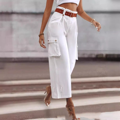 Women's Contrast Color Belt Trousers – Belt detail close-up