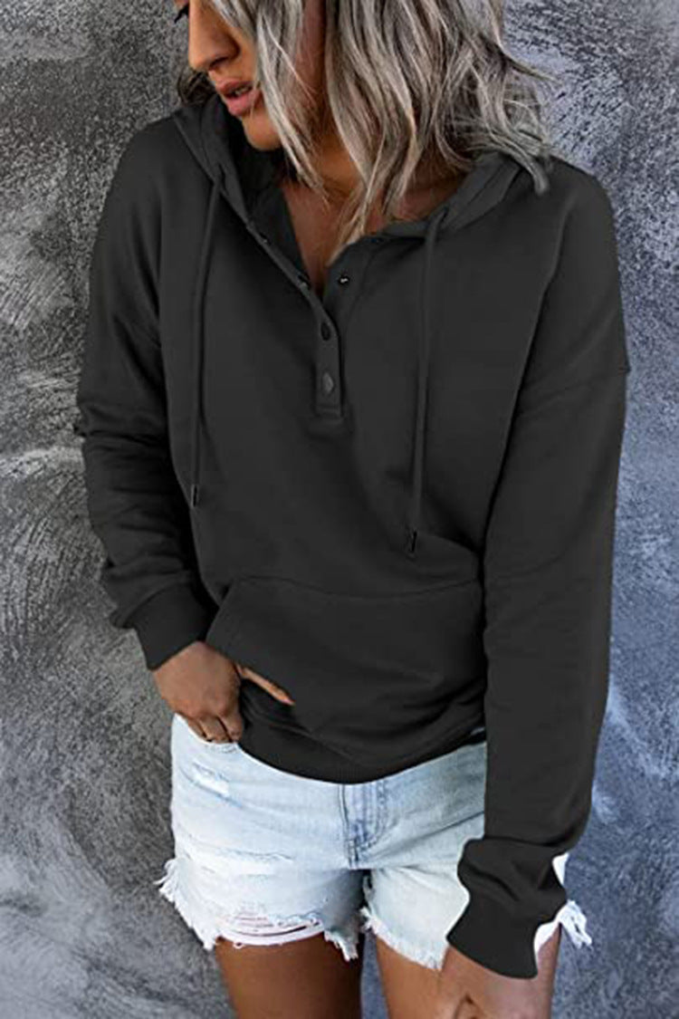 Women’s Hoodie – Button Neckline Close-Up


