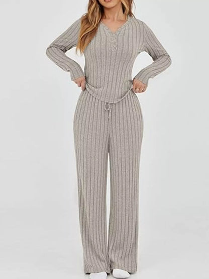 Women's Ribbed Knit Long Sleeve Top and Pants Set Paired with Slippers for Home Comfort.