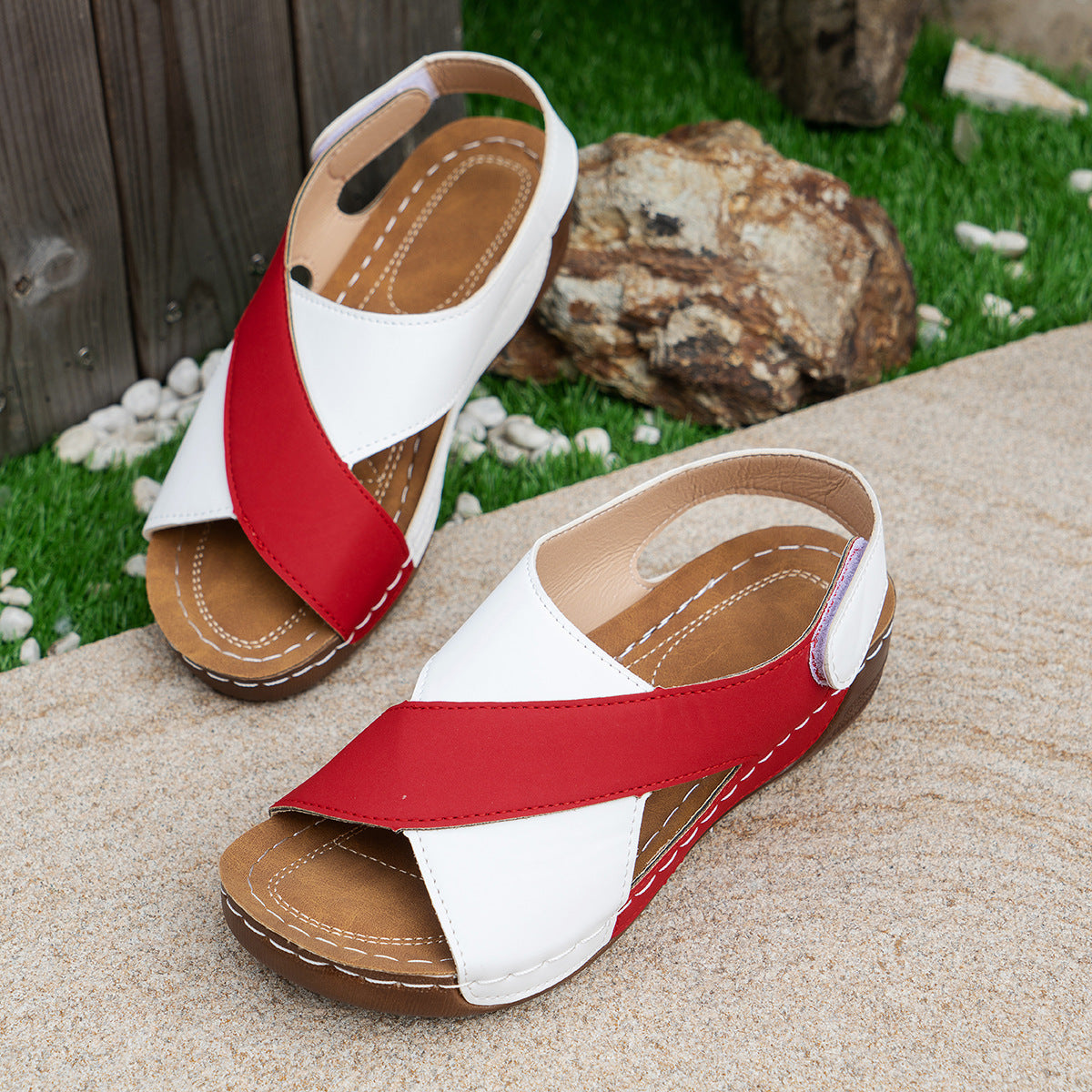 Women’s Summer Wedges Sandals with Colorblock Cross-Strap Design

