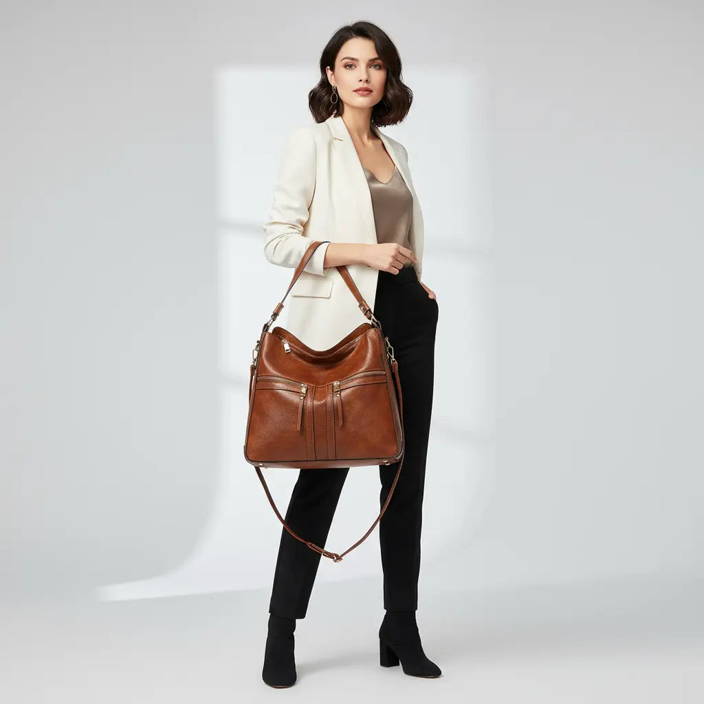 Women's Trendy Double Zipper Leather Tote