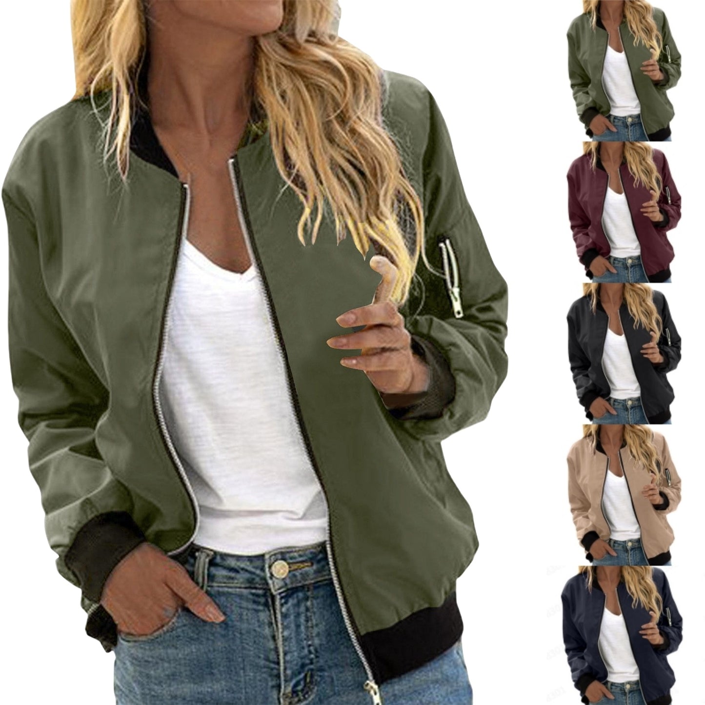 Women’s bomber jacket – army green, casual autumn outfit