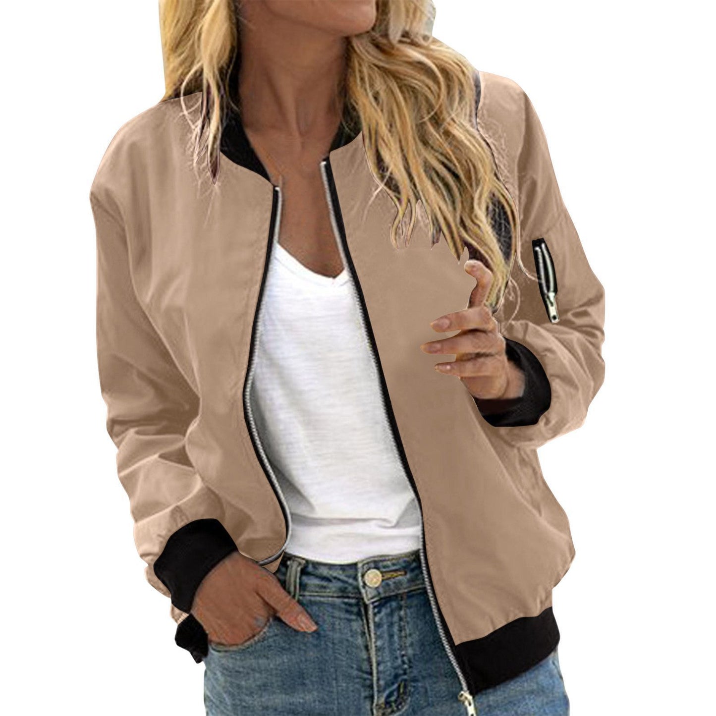 Women’s bomber jacket – dark blue with zipper detail close-up