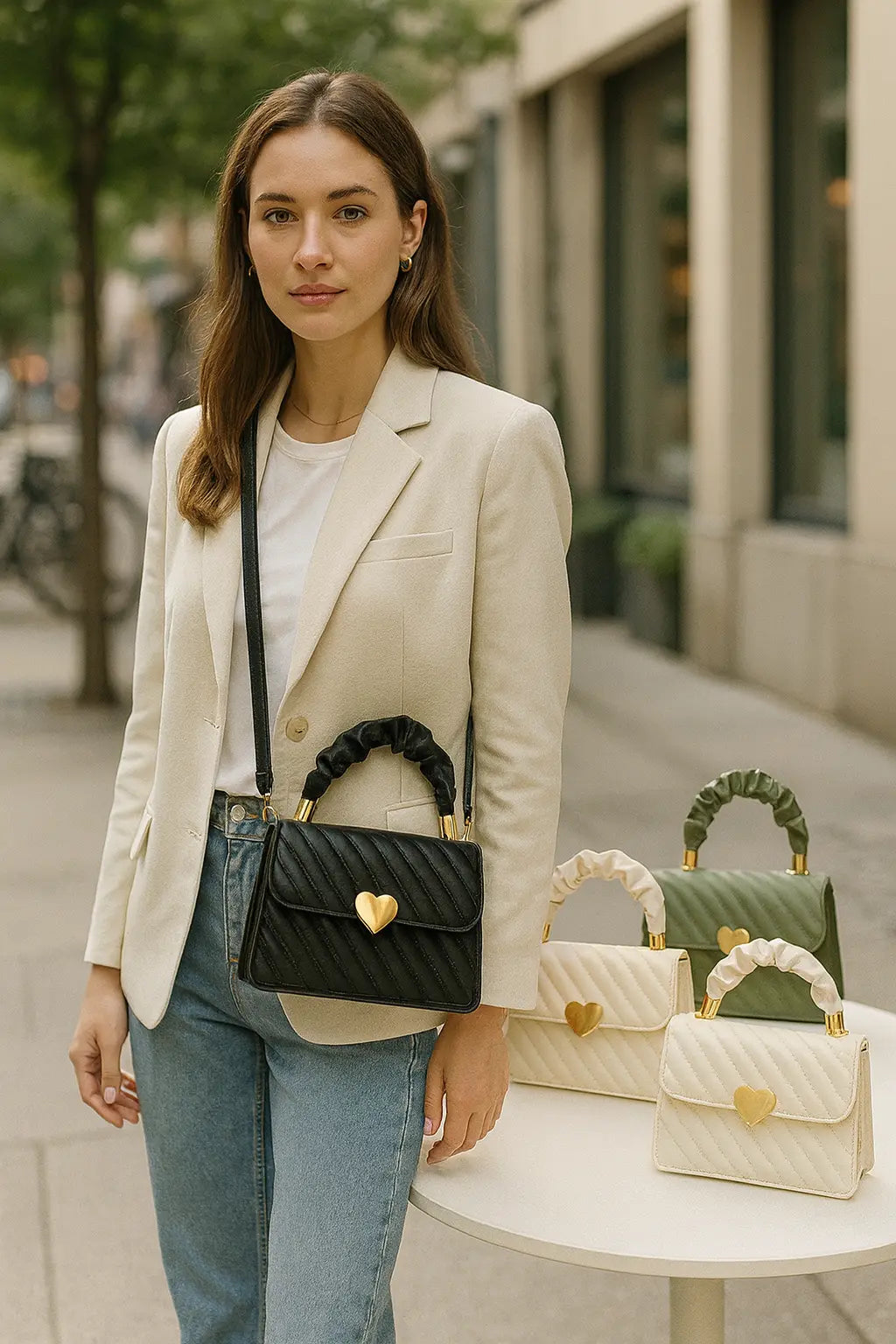 Women’s chain shoulder bag on-the-go – city blazer edit, heart metal detail, compact PU