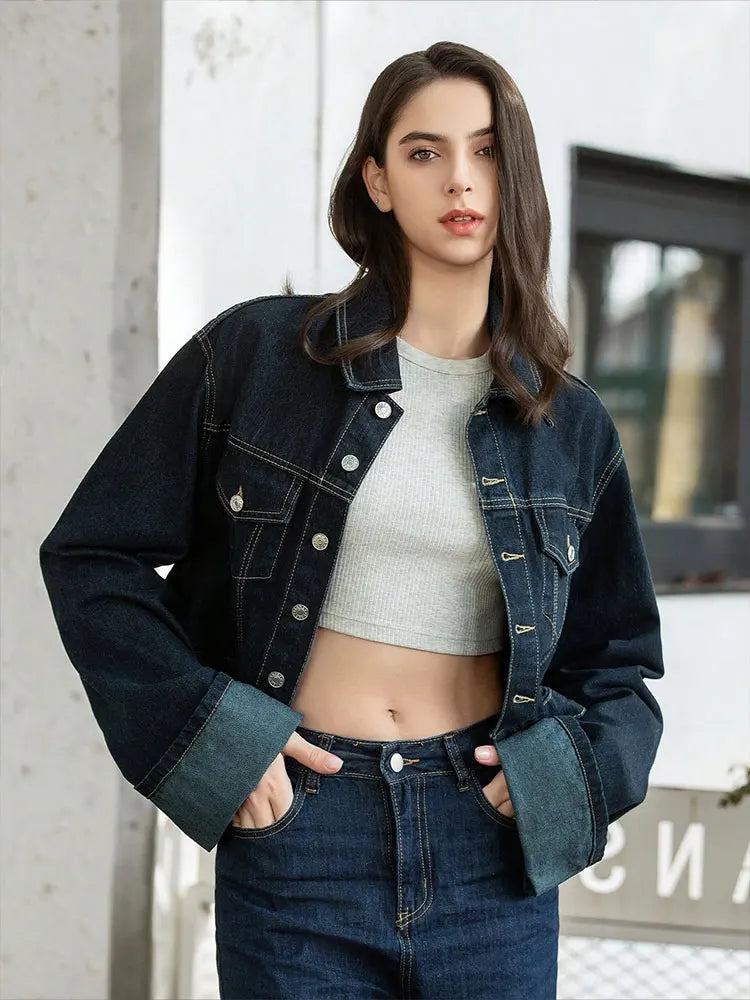 Women’s denim jacket – styled with tee and trousers for autumn layering