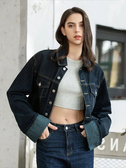 Women’s denim jacket – styled with tee and trousers for autumn layering