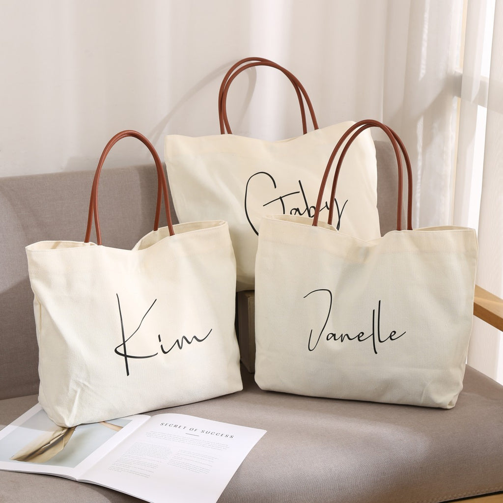 Women’s fashion tote bag – close-up of canvas texture and neat stitching