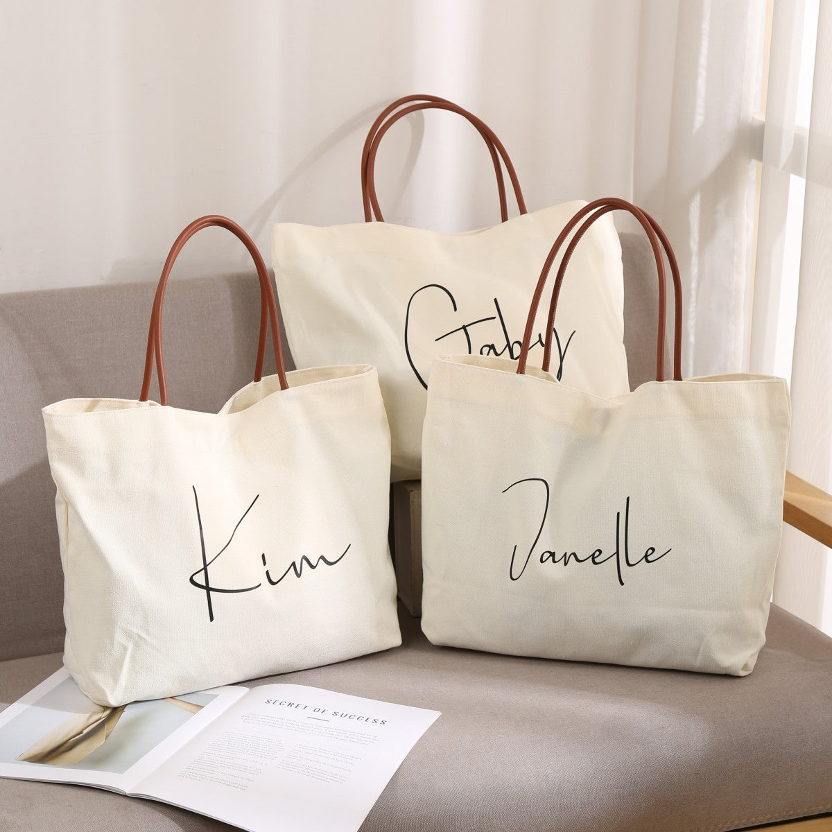 Women’s fashion tote bag – close-up of canvas texture and neat stitching