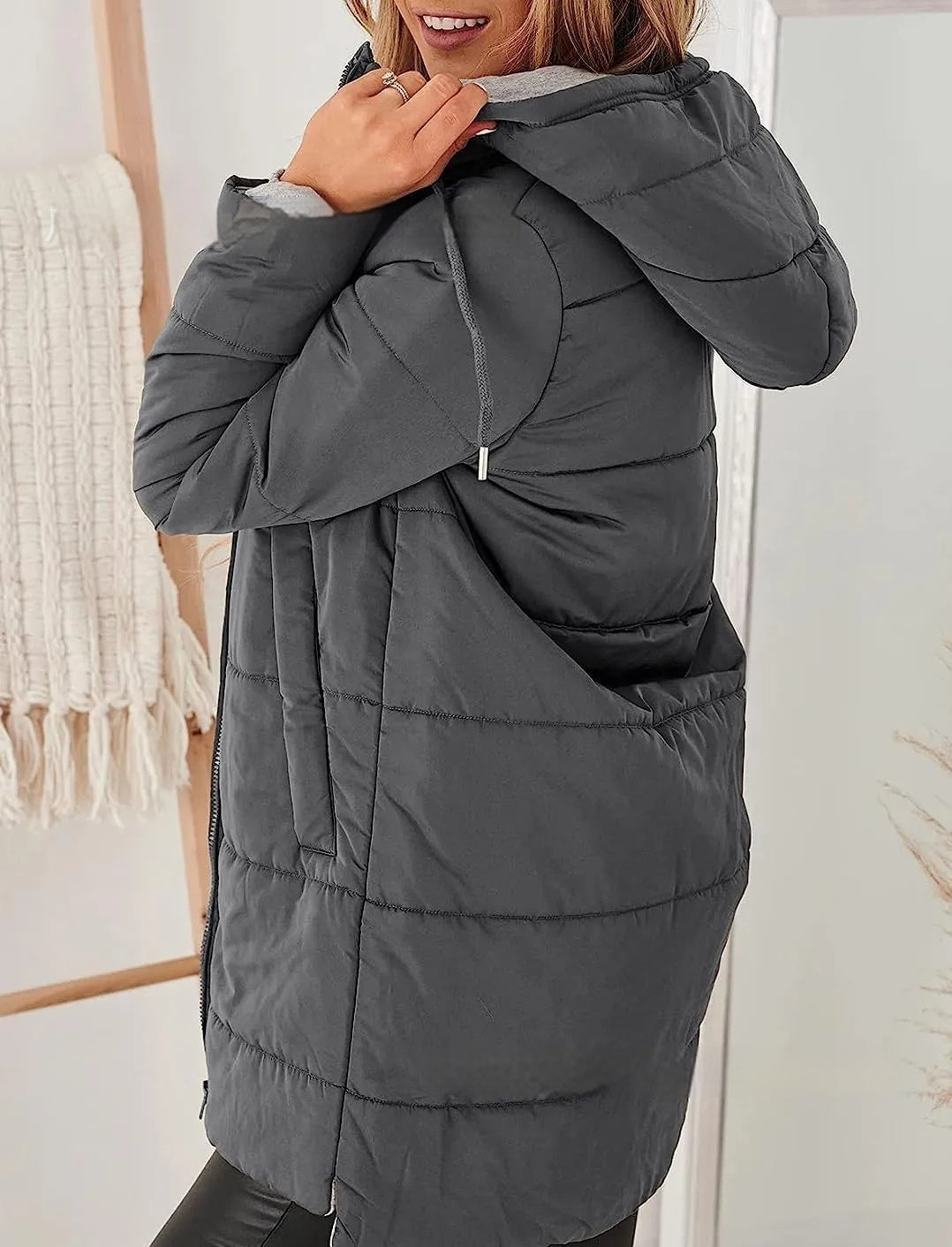 Women’s hooded cotton jacket coat with high neck and secure zip pockets