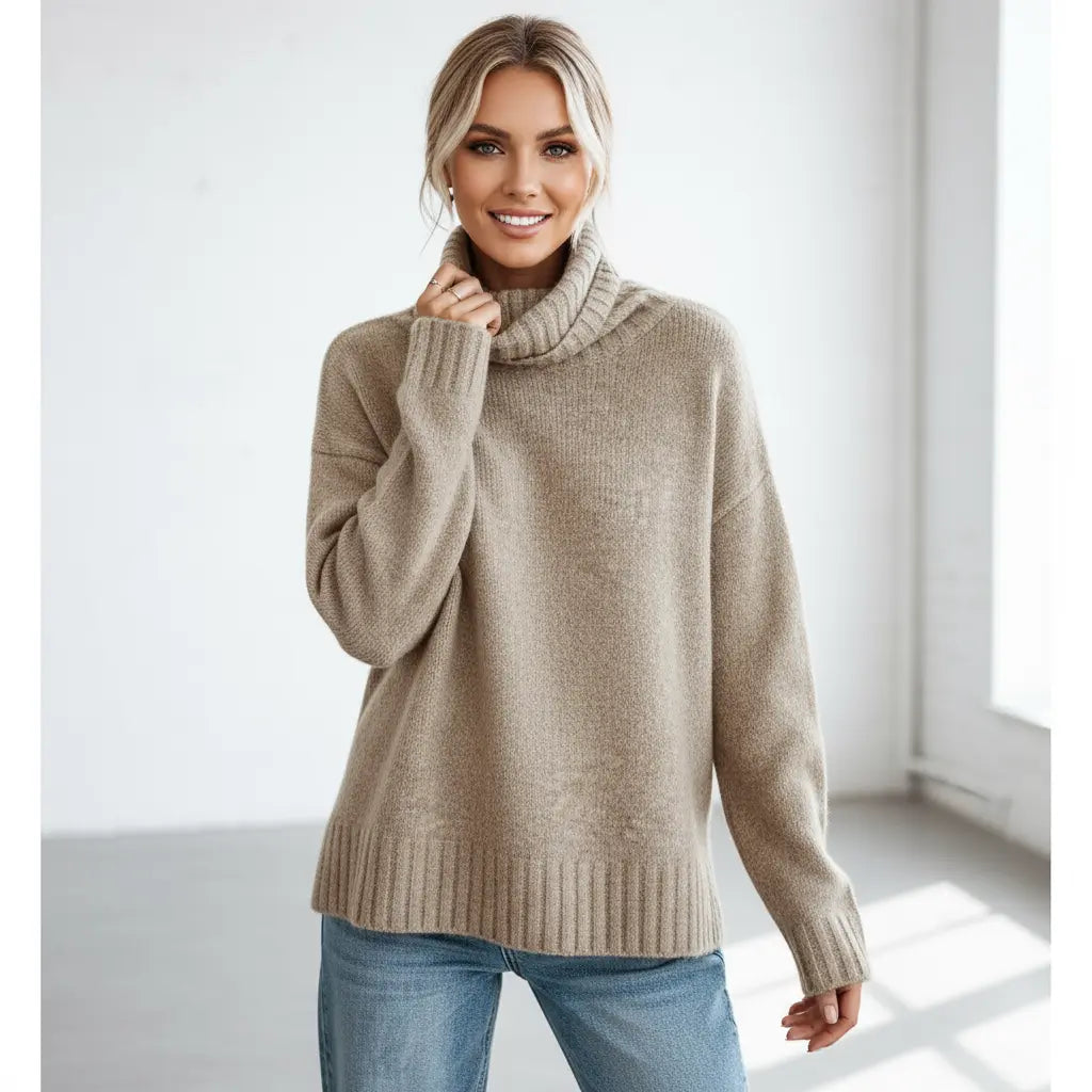 Women's khaki turtleneck sweater: elegant plus-size top with polyester blend for winter warmth.