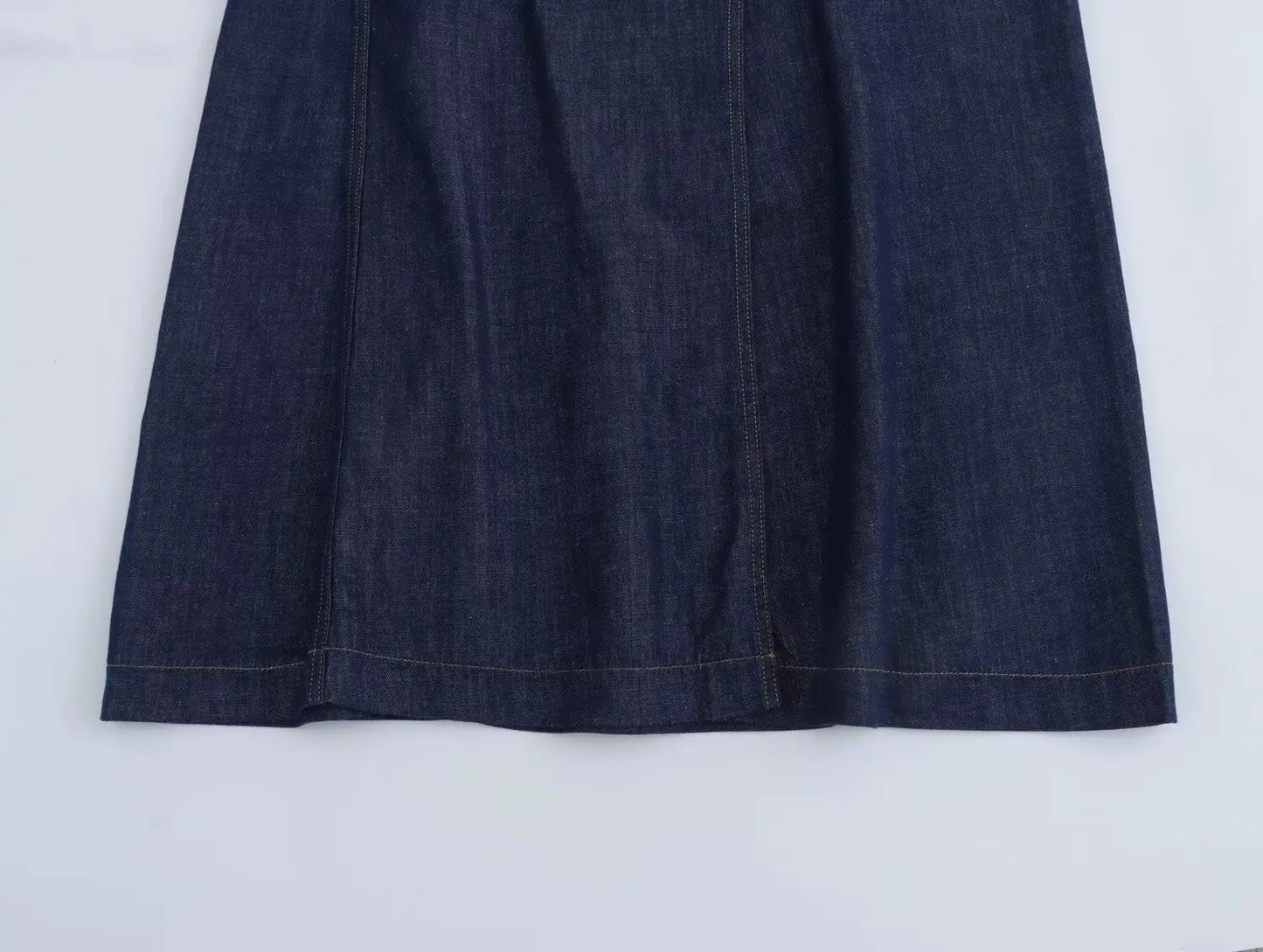 "Women's midi denim skirt care instructions and fabric composition label