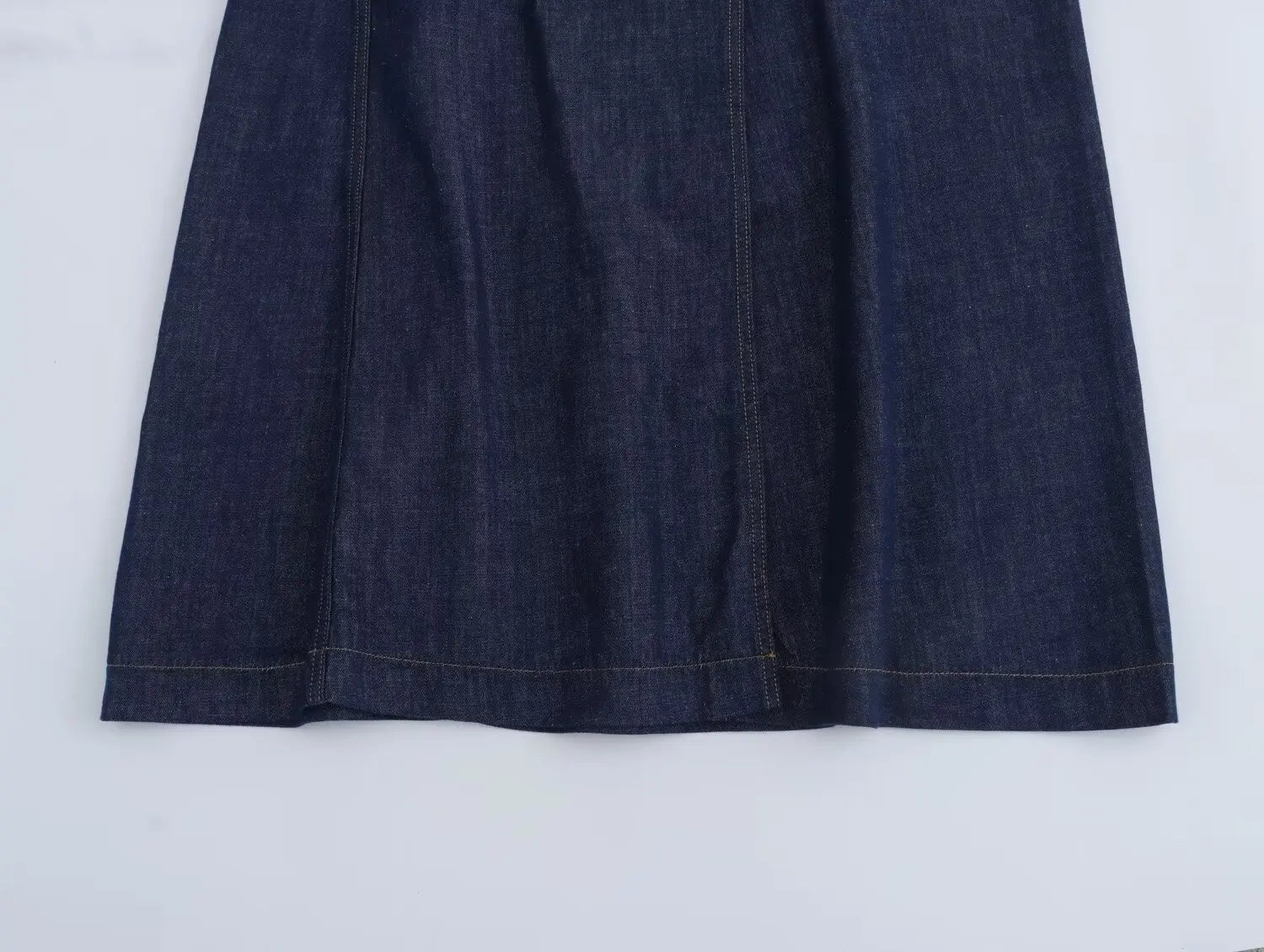 "Women's midi denim skirt care instructions and fabric composition label