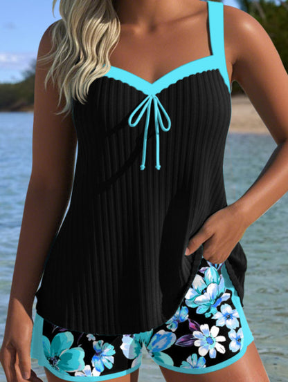 Women’s swimsuit with shorts – lake blue and green prints, easy movement for swimming & wading