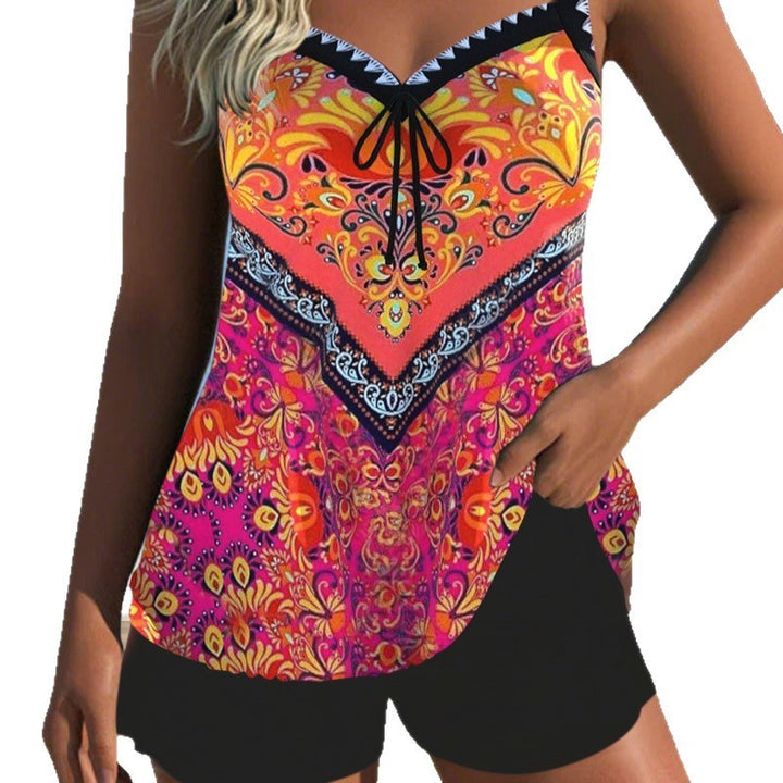 Women’s swimsuit with shorts vibrant print colorway poolside