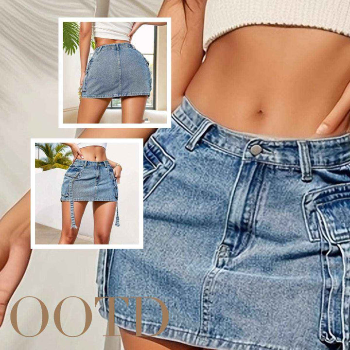 Y2K low rise denim mini skirt side profile modern streetwear outfit