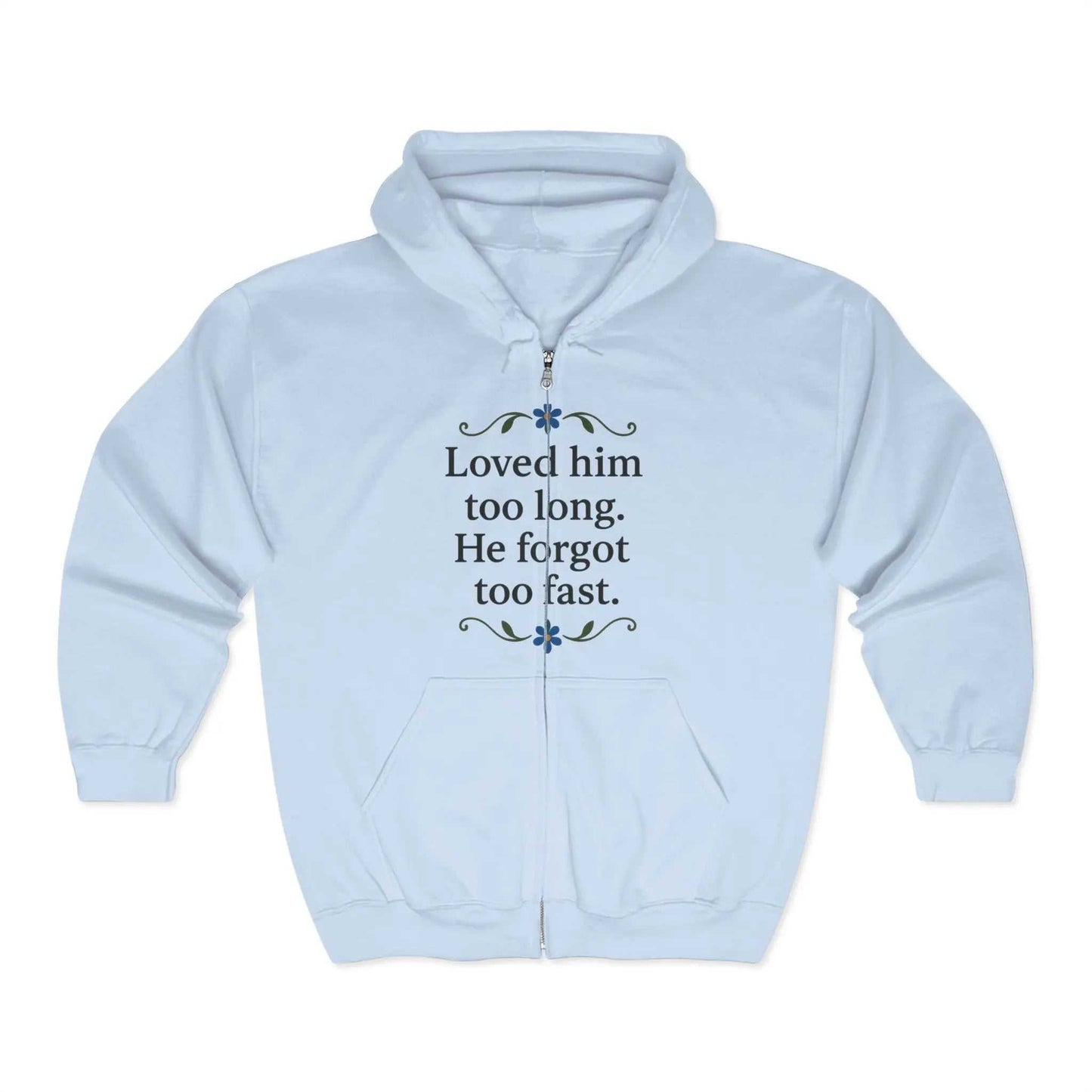 Zip-up sweatshirt with meaningful print design, full front view
