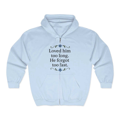 Zip-up sweatshirt with meaningful print design, full front view
