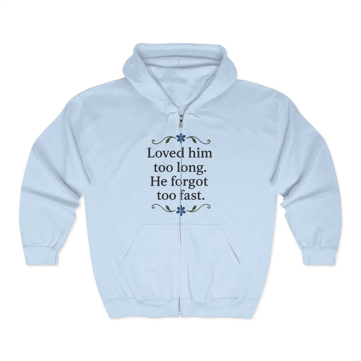 Zip-up sweatshirt with meaningful print design, full front view
