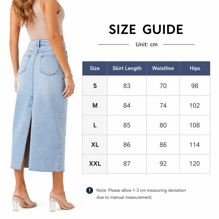 Denim midi skirt size guide with S to XXL skirt length waist and hip measurements in cm